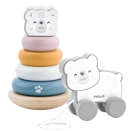 VIGA PolarB Rinkinys – Baltasis Lokys Medinė Piramidė + Tempiamas Baltasis Lokys